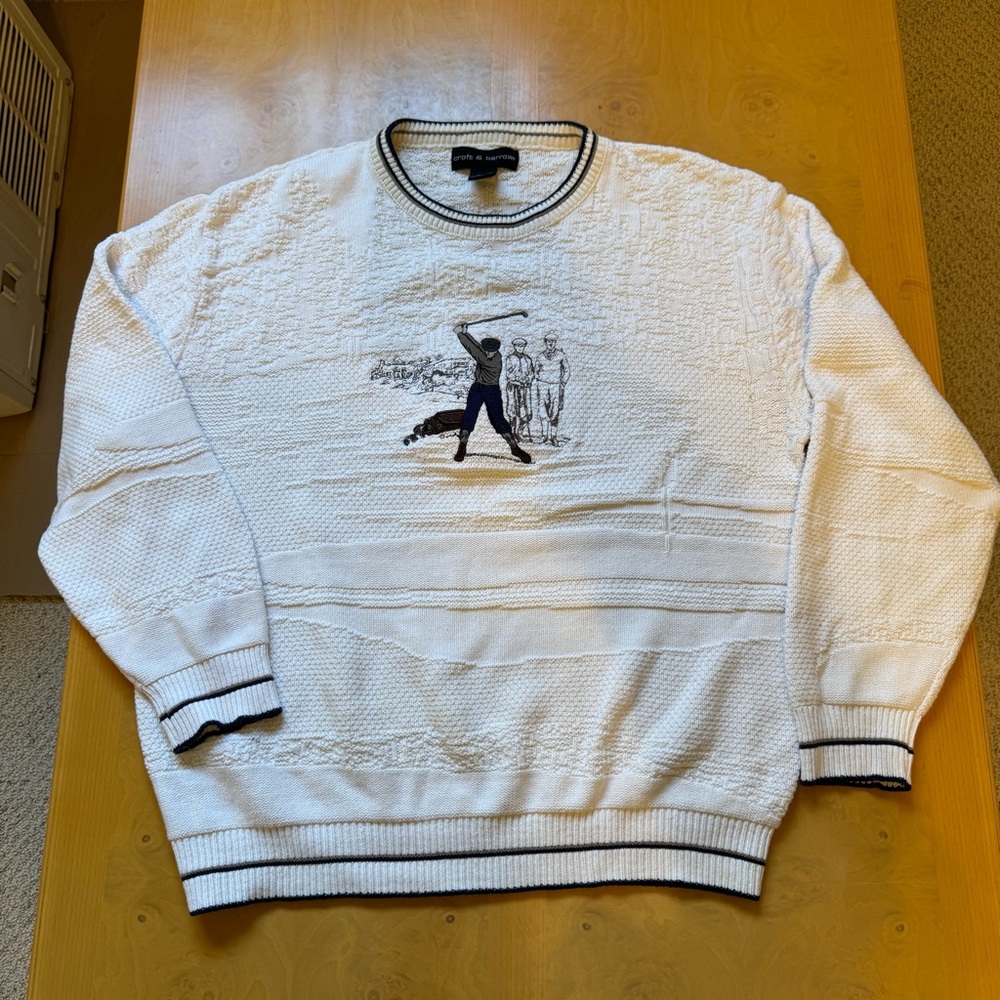 Vintage Croft & Barrow Men’s Sweater Size Medium Knit Ivory Golfer Graphic Y2K
